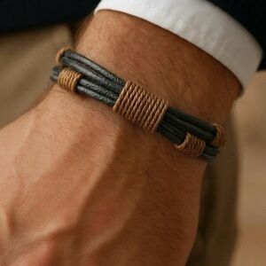 Set of 4 Men's Leather Cord Bracelet - Rustic Wrapped Design